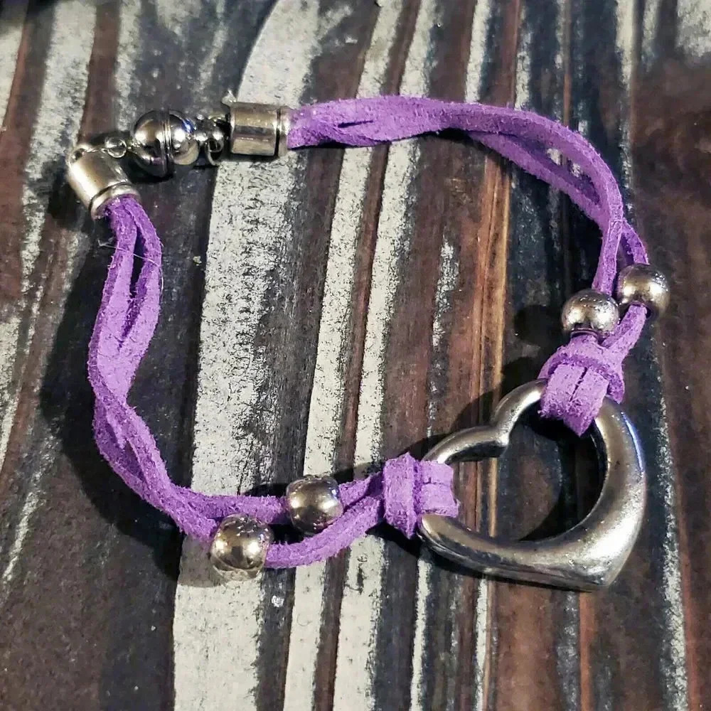 Handcrafted Antique Silver Purple Vegan Suede Open Heart Magnetic Clasp Bracelet